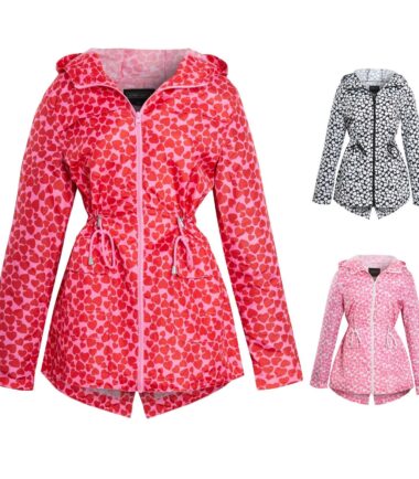 Shelikes Womens Ladies Heart Print Fishtail Monochrome Lightweight Hooded Mac