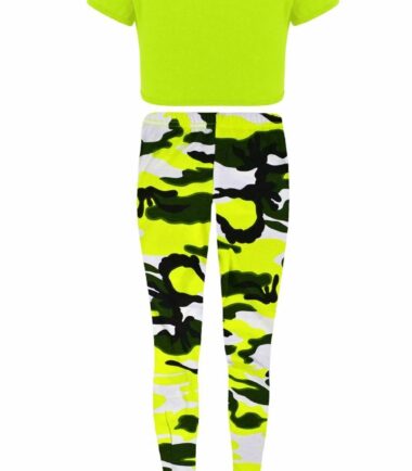 Girls Kids Dance Set Plain Short Sleeve Crop Top Army Leggings Summer 2 Pcs Set