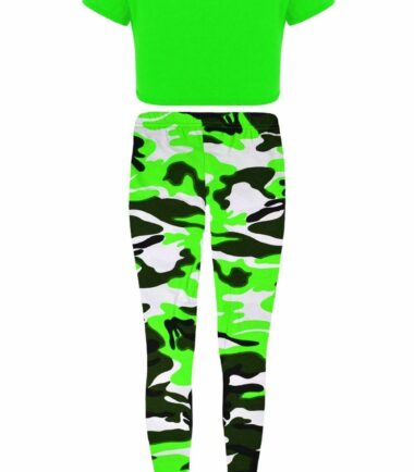 Girls Kids Dance Set Plain Short Sleeve Crop Top Army Leggings Summer 2 Pcs Set
