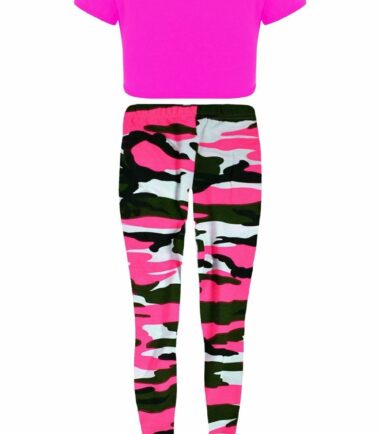 Girls Kids Dance Set Plain Short Sleeve Crop Top Army Leggings Summer 2 Pcs Set