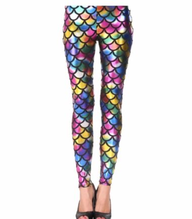 New Womens Holographic Mermaid Fish Scale Print Skinny Metallic Leggings Pants
