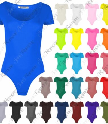 New Womens Cap Short Sleeve Plain Round Neck Stretch Leotard Bodysuit T-ShirtTop