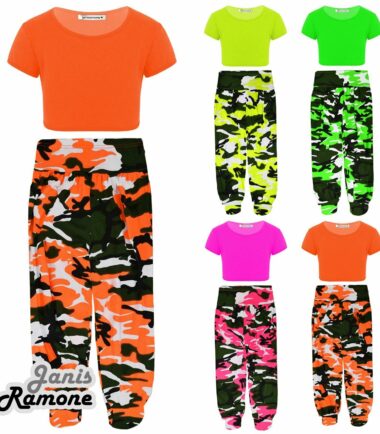 Girls Kids Neon Crop Top Army Camo Print Alibaba Leggings 2 Pcs Co-ord Dance Set