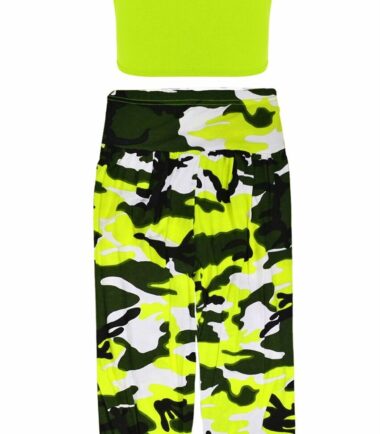 Girls Kids Neon Crop Top Army Camo Print Alibaba Leggings 2 Pcs Co-ord Dance Set