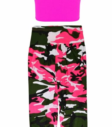 Girls Kids Neon Crop Top Army Camo Print Alibaba Leggings 2 Pcs Co-ord Dance Set