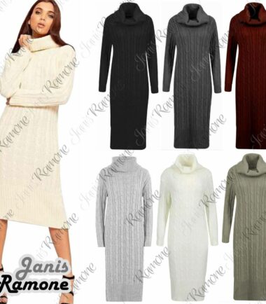 New Womens Cowl Polo High Neck Cable Knitted Long Jumper Bodycon Warm Midi Dress