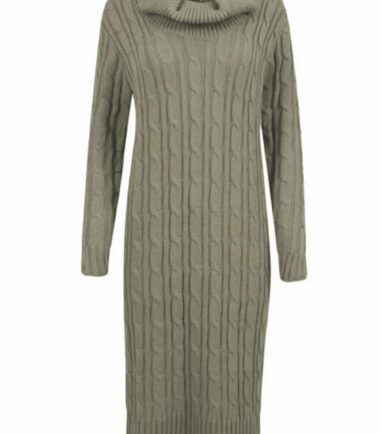 New Womens Cowl Polo High Neck Cable Knitted Long Jumper Bodycon Warm Midi Dress