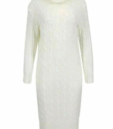New Womens Cowl Polo High Neck Cable Knitted Long Jumper Bodycon Warm Midi Dress