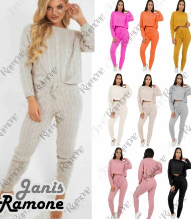 Womens Cable Knitted Cropped Top Bottoms Co-Ord 2 Pcs Suit Loungewear Tracksuit