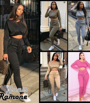 New Womens Crop Jumper Top Bottoms 2 Pcs Co-Ord Set Jogging Loungewear Tracksuit