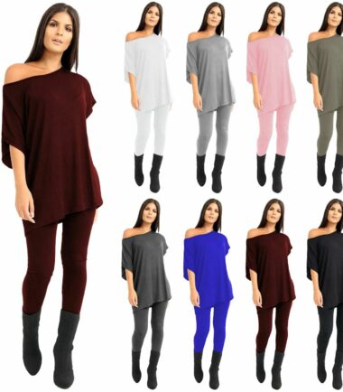 Womens Off Shoulder Baggy Top Leggings Set Casual Summer Loungewear Tracksuit