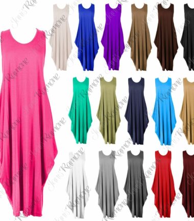 New Womens Italian Lagenlook Tulip Parachute Dress Stretchy Sleeveless Tunic Top