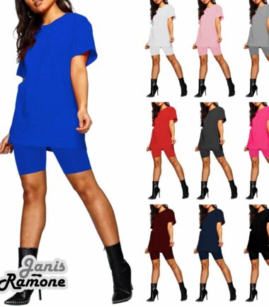 Womens Plain Oversized Baggy Top Cycling Shorts Set Casual Active Lounge Wear