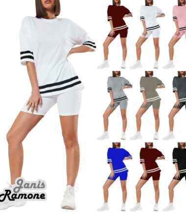 Womens Stripe Oversized Baggy Top Cycling Shorts Set Summer Active Lounge Wear