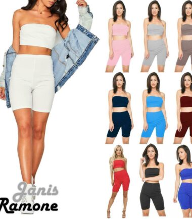 New Womens Plain Bandeau Boobtube Bra Crop Top Cycling Shorts 2 Piece Co-ord Set