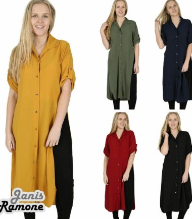 New Womens Plain Crepe Side Slit Button Collared Long Line Shirt Midi Dress Top