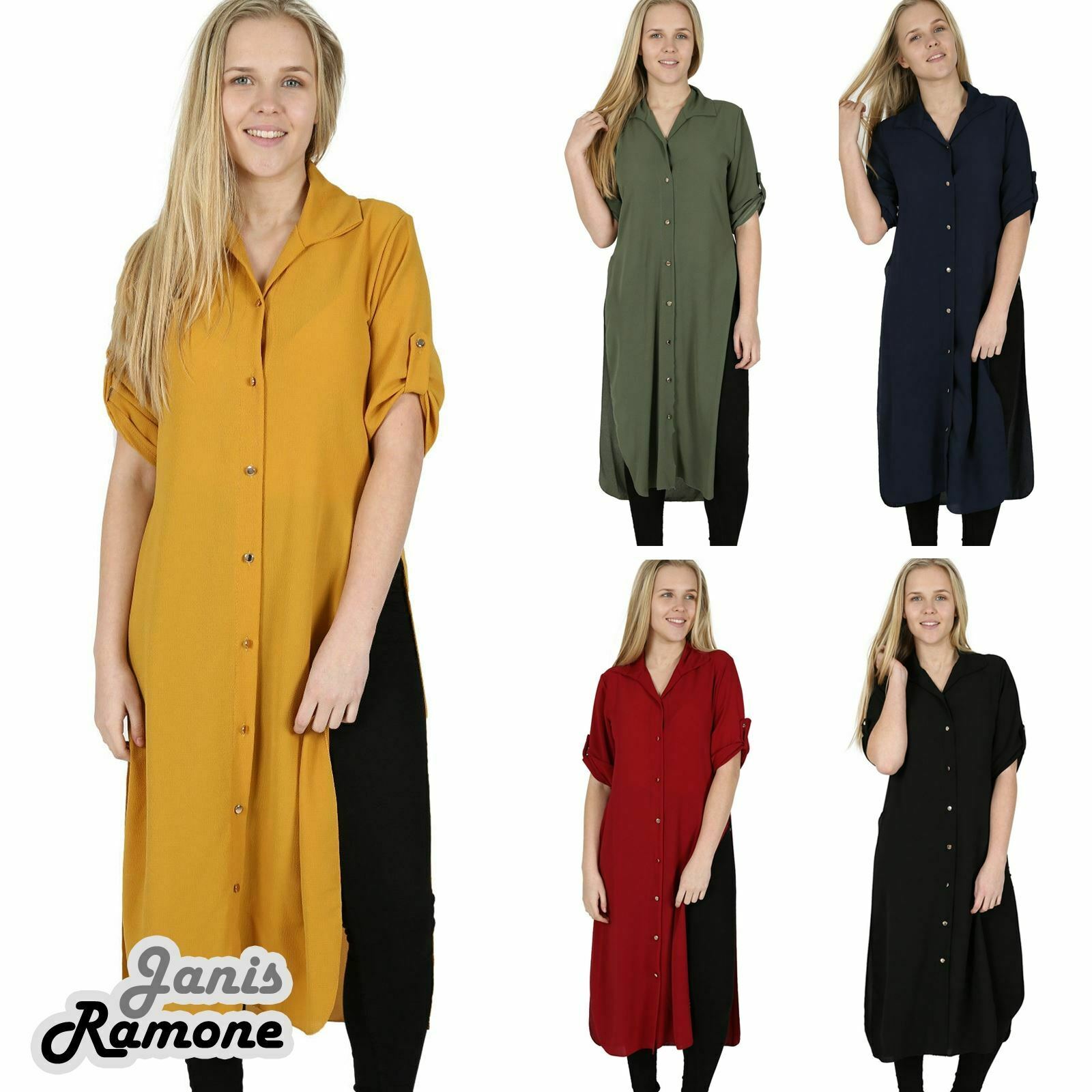 New-Womens-Plain-Crepe-Side-Slit-Button-Collared-Long-Line-Shirt-Midi-Dress-Top New Womens Plain Crepe Side Slit Button Collared Long Line Shirt Midi Dress Top