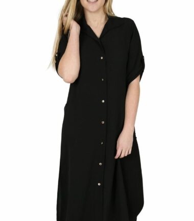New Womens Plain Crepe Side Slit Button Collared Long Line Shirt Midi Dress Top