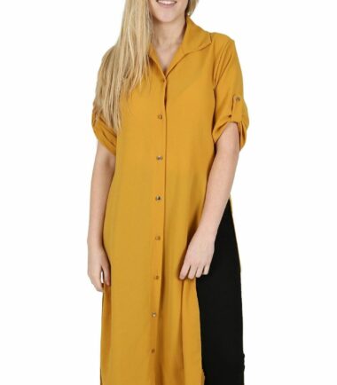 New-Womens-Plain-Crepe-Side-Slit-Button-Collared-Long-Line-Shirt-Midi-Dress-Top New Womens Plain Crepe Side Slit Button Collared Long Line Shirt Midi Dress Top