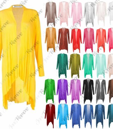 New Womens Plain Long Sleeve Open Front Stretchy Floaty Waterfall Cardigan Top