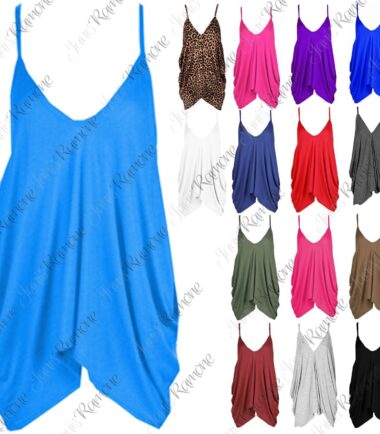 New Womens Strappy V Neck Baggy Fit Lagenlook Hanky Romper Summer Cami Vest Top