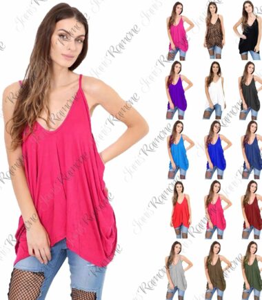 New Womens V Neck Plain Cami Romper Strappy Oversized Lagenlook Baggy Vest Top