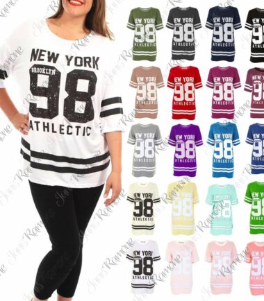 New Womens New York 98 American Varsity Stripe Print Baggy Baseball T-Shirt Top