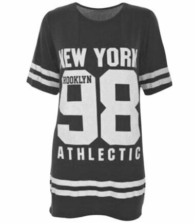 New Womens New York 98 American Varsity Stripe Print Baggy Baseball T-Shirt Top