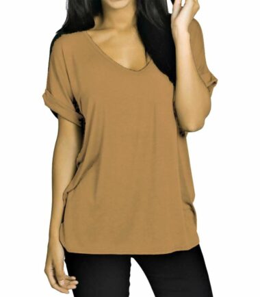 New-Womens-Turn-Up-Short-Sleeve-Plain-Printed-V-Neck-Loose-Baggy-Fit-T-Shirt-Top New Womens Turn Up Short Sleeve Plain Printed V Neck Loose Baggy Fit T-Shirt Top