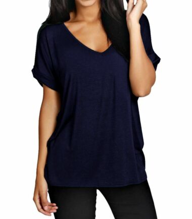 New-Womens-Turn-Up-Short-Sleeve-Plain-Printed-V-Neck-Loose-Baggy-Fit-T-Shirt-Top New Womens Turn Up Short Sleeve Plain Printed V Neck Loose Baggy Fit T-Shirt Top
