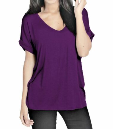 New-Womens-Turn-Up-Short-Sleeve-Plain-Printed-V-Neck-Loose-Baggy-Fit-T-Shirt-Top New Womens Turn Up Short Sleeve Plain Printed V Neck Loose Baggy Fit T-Shirt Top