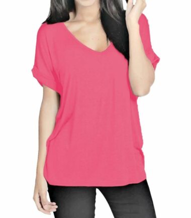 New-Womens-Turn-Up-Short-Sleeve-Plain-Printed-V-Neck-Loose-Baggy-Fit-T-Shirt-Top New Womens Turn Up Short Sleeve Plain Printed V Neck Loose Baggy Fit T-Shirt Top