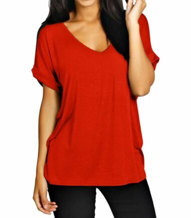 New-Womens-Turn-Up-Short-Sleeve-Plain-Printed-V-Neck-Loose-Baggy-Fit-T-Shirt-Top New Womens Turn Up Short Sleeve Plain Printed V Neck Loose Baggy Fit T-Shirt Top