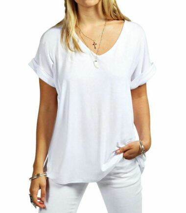 New-Womens-Turn-Up-Short-Sleeve-Plain-Printed-V-Neck-Loose-Baggy-Fit-T-Shirt-Top New Womens Turn Up Short Sleeve Plain Printed V Neck Loose Baggy Fit T-Shirt Top