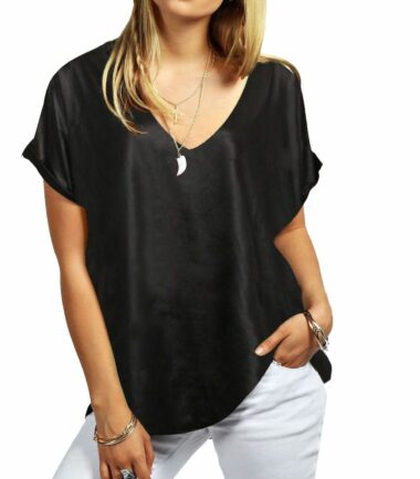 New-Womens-Turn-Up-Short-Sleeve-Plain-Printed-V-Neck-Loose-Baggy-Fit-T-Shirt-Top New Womens Turn Up Short Sleeve Plain Printed V Neck Loose Baggy Fit T-Shirt Top