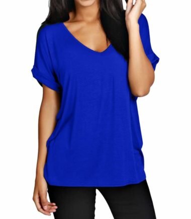 New-Womens-Turn-Up-Short-Sleeve-Plain-Printed-V-Neck-Loose-Baggy-Fit-T-Shirt-Top New Womens Turn Up Short Sleeve Plain Printed V Neck Loose Baggy Fit T-Shirt Top