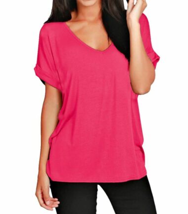 New-Womens-Turn-Up-Short-Sleeve-Plain-Printed-V-Neck-Loose-Baggy-Fit-T-Shirt-Top New Womens Turn Up Short Sleeve Plain Printed V Neck Loose Baggy Fit T-Shirt Top