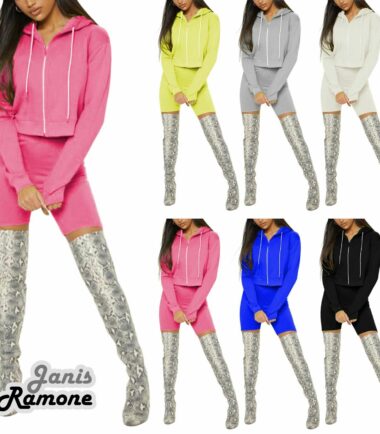 Womens Zipper Crop Hoodie Top Cycling Shorts 2 Pcs Set Summer Active Loungewear