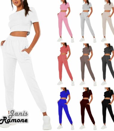 Womens Short Sleeve Crop Top Joggers Bottoms 2 Pcs Set Active Sports Loungewear