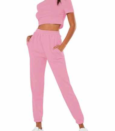 Womens Short Sleeve Crop Top Joggers Bottoms 2 Pcs Set Active Sports Loungewear