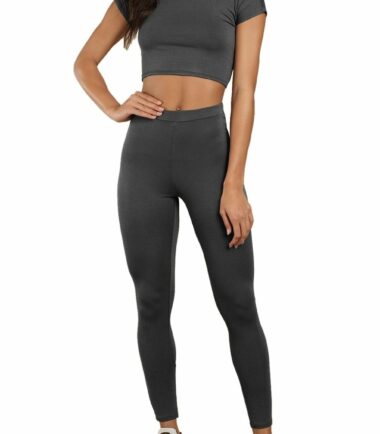 Womens Short Sleeve Crop Top Leggings Co-Ord Set Active Dance Sports Loungewear