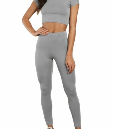 Womens Short Sleeve Crop Top Leggings Co-Ord Set Active Dance Sports Loungewear