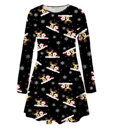 New Womens Girls Reindeer Flake Santa Gift Christmas Xmas Mini Swing Dress Top