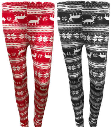 GIRLS CHRISTMAS LEGGINGS BLACK RED REINDEER KIDS XMAS OUTFIT 3-13 YEARS FESTIVE