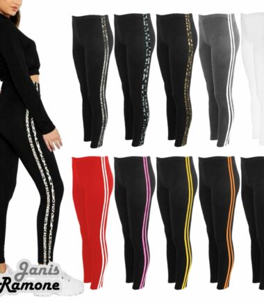 Womens Contrast Side 2 Stripe Stretchy Full Length Fitness Leggings Skinny Pants