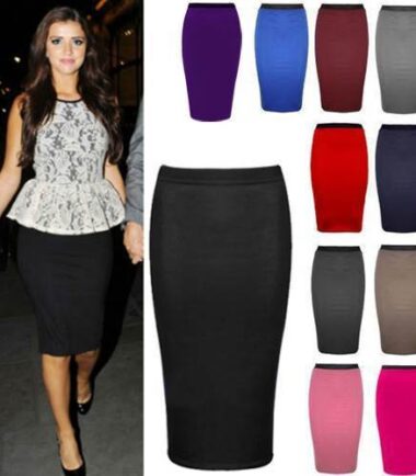 NEW WOMENS LADIES MIDI PENCIL PLAIN STRIPED BODYCON HIGH WAIST TUBE WIGGLE SKIRT