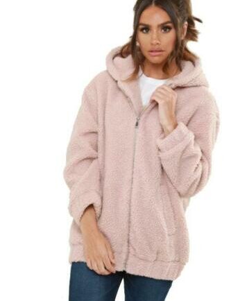 Shelikes Womens Ladies Teddy Faux Fur Borg Hood Hooded Jacket Zip Up Coat