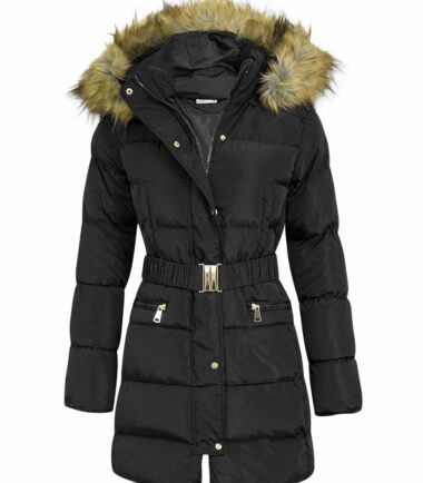 New Womens Parka Coat Jacket Fur Hood Side Ruched Long Polyester Fashion Coat