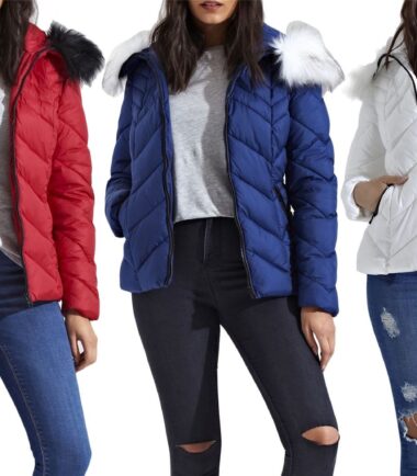 New Womens Chevron Quilted Long Sleeve Puffer Padded Long Fur Hooded Jacket