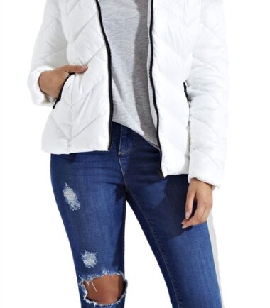 New Womens Chevron Quilted Long Sleeve Puffer Padded Long Fur Hooded Jacket